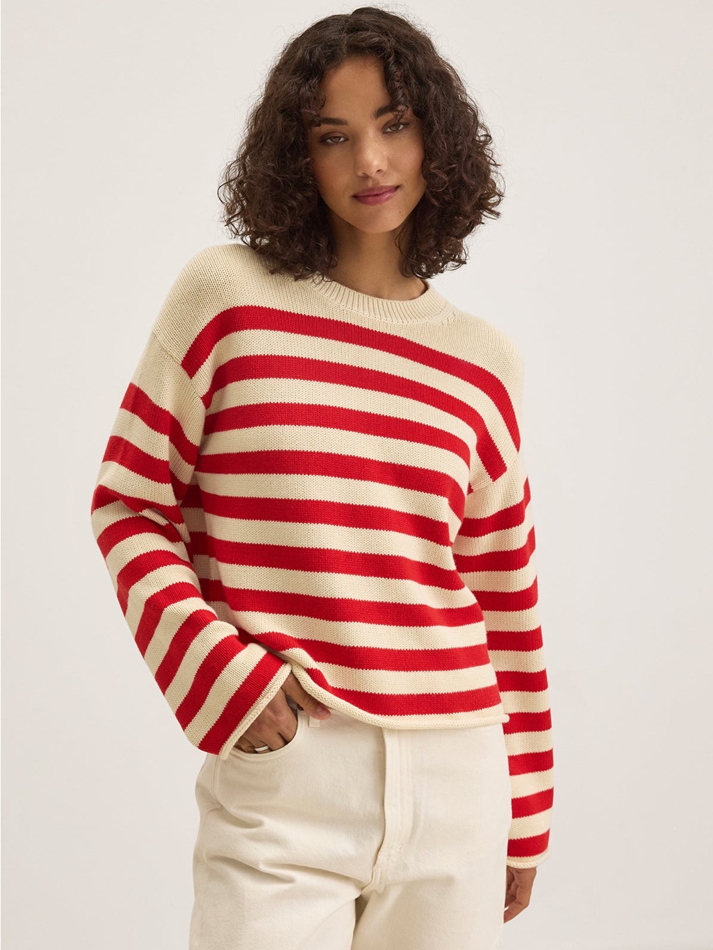 Nwt Velvet By Graham & Spencer Lex Cotton Cashmere Sweater In Stripe Cream Red L
